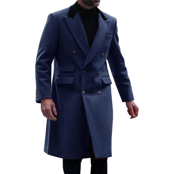 💫 Men Blue Long Trench Coat Lapel Double Breasted Casual Winter Warm Pea Coat - Picture 1 of 5